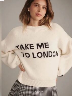 Anthropologie Maeve: Take Me To London Cream Knit Puff/Poof Sleeve Sweater